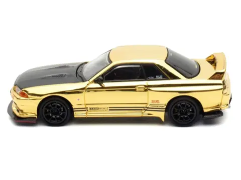 NISSAN SKYLINE GT-R (R32) "TOP SECRET" RHD (RIGHT HAND DRIVE) CHROME GOLD WITH CARBON HOOD "THE MODEL CAR SHOW MALAYSIA 2025 EVENT EDITION" 1/64 DIECAST MODEL CAR BY INNO MODELS