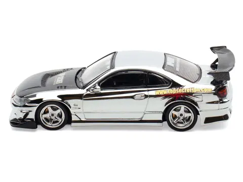 NISSAN "TOP SECRET" SILVIA (S15) RHD (RIGHT HAND DRIVE) CHROME WITH CARBON HOOD "TOKYO AUTO SALON KUALA LUMPUR 2025 EVENT EDITION" 1/64 DIECAST MODEL CAR BY INNO MODELS