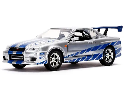 BRIAN'S NISSAN SKYLINE GT-R (BNR34) SILVER WITH BLUE STRIPES AND NISSAN GT-R (BNR34) BLUE METALLIC SET OF 2 PIECES "25 YEARS OF FAST & FURIOUS" SERIES 1/32 DIECAST MODEL CARS BY JADA