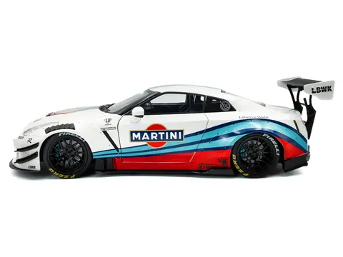 2024 NISSAN GT-R (R35) RHD (RIGHT HAND DRIVE) WITH LIBERTY WALK 2.0 BODY KIT "MARTINI RACING" WHITE WITH STRIPES 1/18 DIECAST MODEL CAR BY SOLIDO