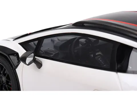 LAMBORGHINI HURACAN STERRATO BIANCO ASOPO WHITE WITH MATT BLACK TOP AND RED STRIPES 1/18 MODEL CAR BY TOP SPEED