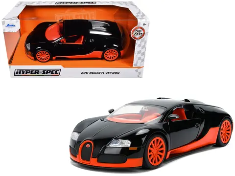 2011 BUGATTI VEYRON BLACK WITH ORANGE ACCENTS AND ORANGE INTERIOR "HYPER-SPEC" SERIES 1/24 DIECAST MODEL CAR BY JADA