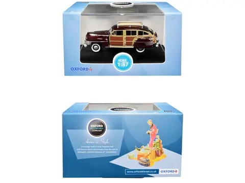 1942 CHRYSLER TOWN AND COUNTRY WOODY WAGON REGAL MAROON WITH ROOF RACK 1/87 (HO) SCALE DIECAST MODEL CAR BY OXFORD DIECAST 