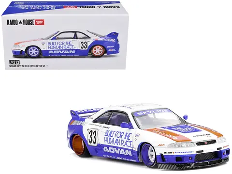 NISSAN SKYLINE GT-R (R33) RHD (RIGHT HAND DRIVE) #33 "BFTHR V1" BLUE AND WHITE WITH GRAPHICS (DESIGNED BY JUN IMAI) "KAIDO HOUSE" SPECIAL 1/64 DIECAST MODEL CAR BY MINI GT