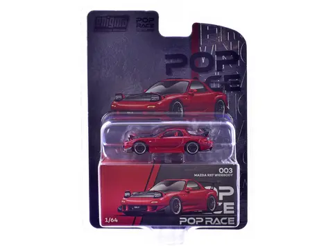MAZDA RX-7 WIDEBODY RHD (RIGHT HAND DRIVE) RED METALLIC WITH CARBON HOOD "ENIGMA EXCLUSIVE EDITION" 1/64 DIECAST MODEL CAR BY POP RACE