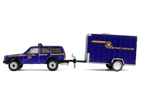 2001 JEEP CHEROKEE "NEW YORK STATE POLICE" BLUE WITH YELLOW STRIPES AND SMALL CARGO TRAILER "HOT PURSUIT HITCH & TOW" SERIES 1 1/64 DIECAST MODEL CARS BY GREENLIGHT