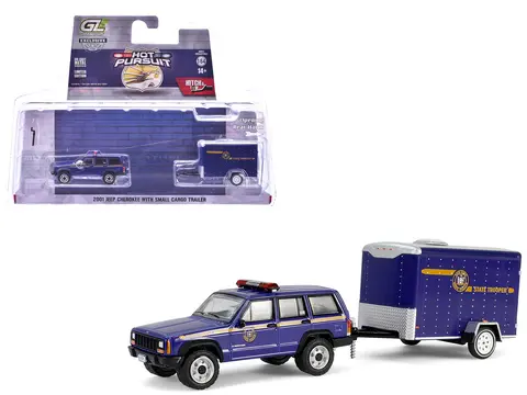 2001 JEEP CHEROKEE "NEW YORK STATE POLICE" BLUE WITH YELLOW STRIPES AND SMALL CARGO TRAILER "HOT PURSUIT HITCH & TOW" SERIES 1 1/64 DIECAST MODEL CARS BY GREENLIGHT