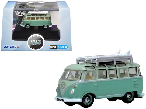 VOLKSWAGEN T1 SAMBA BUS RHD (RIGHT HAND DRIVE) GREEN TWO-TONE WITH SURFBOARDS ON ROOF RACK 1/148 (N) SCALE DIECAST MODEL CAR BY OXFORD DIECAST