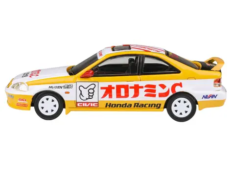 1999 HONDA CIVIC EM1 RHD (RIGHT HAND DRIVE) "OYATSU RACING" WHITE AND YELLOW WITH GRAPHICS 1/64 DIECAST MODEL CAR BY PARAGON MODELS