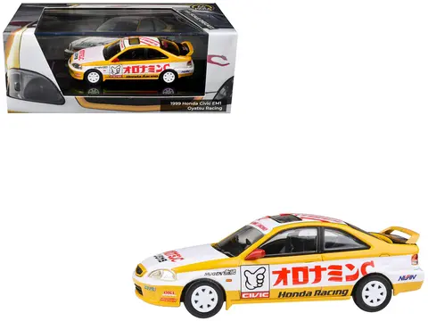 1999 HONDA CIVIC EM1 RHD (RIGHT HAND DRIVE) "OYATSU RACING" WHITE AND YELLOW WITH GRAPHICS 1/64 DIECAST MODEL CAR BY PARAGON MODELS