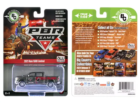 2021 RAM 1500 LIMITED PICKUP TRUCK "PBR (PROFESSIONAL BULL RIDERS)" GRAY METALLIC WITH GRAPHICS "BIG COUNTRY COLLECTIBLES" 2025 SERIES 1/64 DIECAST MODEL CAR BY AUTO WORLD