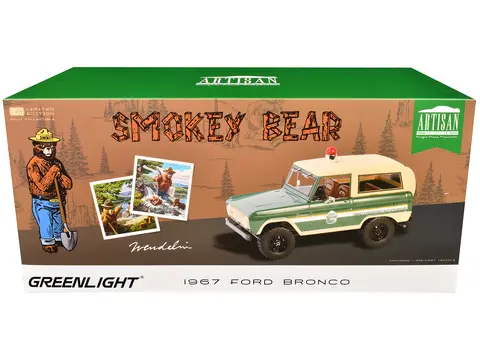 1967 FORD BRONCO "SMOKEY BEAR FOREST RANGER" GREEN AND CREAM WITH WHITE STRIPES "ARTISAN COLLECTION" 1/18 DIECAST MODEL CAR BY GREENLIGHT