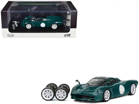 PAGANI HUAYRA CODALUNGA GREEN WITH SUNROOF AND EXTRA WHEELS 1/64 DIECAST MODEL CAR BY CM MODEL