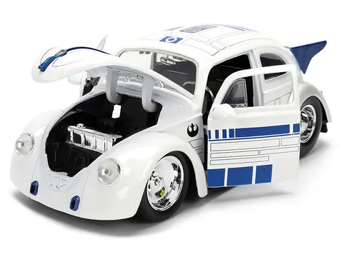 1959 VOLKSWAGEN DRAG BEETLE WHITE WITH GRAPHICS AND R2-D2 FIGURE "STAR WARS" FRANCHISE "HOLLYWOOD RIDES" SERIES 1/24 DIECAST MODEL CAR BY JADA