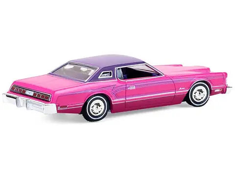 1975 FORD THUNDERBIRD LOWRIDER PINK METALLIC WITH PURPLE TOP AND GRAPHICS WITH PURPLE INTERIOR "CALIFORNIA LOWRIDERS" SERIES 7 1/64 DIECAST MODEL CAR BY GREENLIGHT