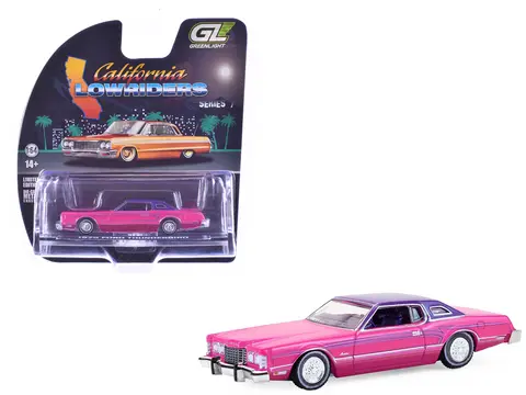 1975 FORD THUNDERBIRD LOWRIDER PINK METALLIC WITH PURPLE TOP AND GRAPHICS WITH PURPLE INTERIOR "CALIFORNIA LOWRIDERS" SERIES 7 1/64 DIECAST MODEL CAR BY GREENLIGHT