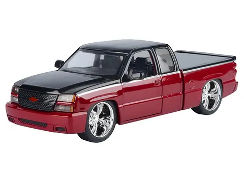 2006 CHEVROLET SILVERADO CUSTOM PICKUP TRUCK RED METALLIC AND BLACK WITH SILVER STRIPES "DIE-CAST COLLECTION" SERIES 1/25 DIECAST MODEL CAR BY MOTORMAX