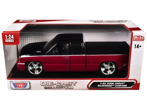 2006 CHEVROLET SILVERADO CUSTOM PICKUP TRUCK RED METALLIC AND BLACK WITH SILVER STRIPES "DIE-CAST COLLECTION" SERIES 1/25 DIECAST MODEL CAR BY MOTORMAX