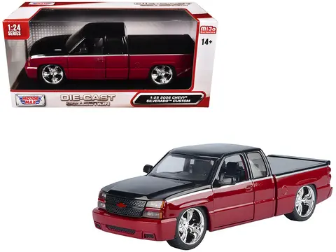 2006 CHEVROLET SILVERADO CUSTOM PICKUP TRUCK RED METALLIC AND BLACK WITH SILVER STRIPES "DIE-CAST COLLECTION" SERIES 1/25 DIECAST MODEL CAR BY MOTORMAX
