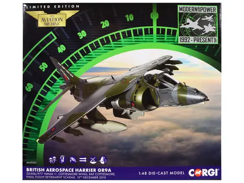 BRITISH AEROSPACE HARRIER GR9A AIRCRAFT "ZG506/P77 NINJA 1 RAF COTTESMORE FINAL FLIGHT RETIREMENT SCHEME" (2010) ROYAL AIR FORCE "THE AVIATION ARCHIVE" SERIES 1/48 DIECAST MODEL BY CORGI