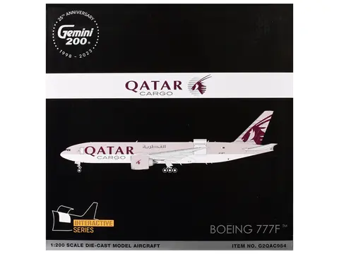 BOEING 777F COMMERCIAL AIRCRAFT "QATAR CARGO" (A7-BFT) GRAY WITH TAIL GRAPHICS "GEMINI 200 - INTERACTIVE" SERIES 1/200 DIECAST MODEL AIRPLANE BY GEMINIJETS