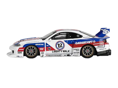 NISSAN "LB-SUPER SILHOUETTE" S15 SILVIA RHD (RIGHT HAND DRIVE) "GARASIDRIFT X LBWK 2025" WHITE WITH BLUE AND RED STRIPES LIMITED EDITION 1/64 DIECAST MODEL CAR BY MINI GT