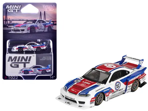 NISSAN "LB-SUPER SILHOUETTE" S15 SILVIA RHD (RIGHT HAND DRIVE) "GARASIDRIFT X LBWK 2025" WHITE WITH BLUE AND RED STRIPES LIMITED EDITION 1/64 DIECAST MODEL CAR BY MINI GT
