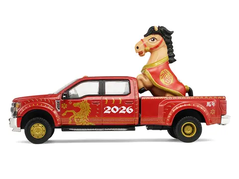 2022 FORD F-450 DUALLY PICKUP TRUCK "CHINESE ZODIAC 2026 YEAR OF THE HORSE" RED WITH GOLD GRAPHICS AND HORSE FIGURE "HOBBY EXCLUSIVE" SERIES 1/64 DIECAST MODEL CAR BY GREENLIGHT