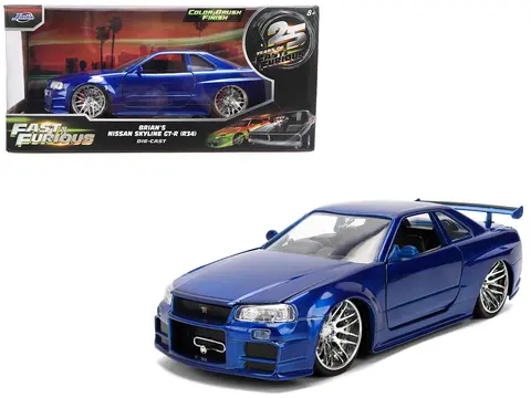 BRIAN'S NISSAN SKYLINE GT-R (R34) RHD (RIGHT HAND DRIVE) BLUE COLOR BRUSH FINISH 25 YEARS OF FAST & FURIOUS ANNIVERSARY "2 FAST 2 FURIOUS" (2003) MOVIE "FAST & FURIOUS" 1/24 DIECAST MODEL CAR BY JADA