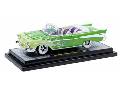 1957 CHEVROLET BEL AIR CONVERTIBLE GREEN METALLIC WITH FLAME GRAPHICS AND PURPLE AND WHITE INTERIOR LIMITED EDITION TO 4050 PIECES WORLDWIDE 1/24 DIECAST MODEL CAR BY M2 MACHINES