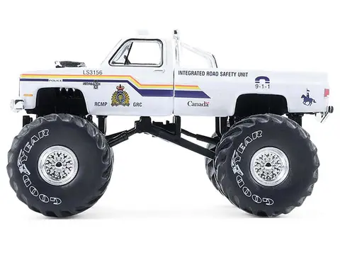1986 CHEVROLET SILVERADO MONSTER TRUCK "ROYAL CANADIAN MOUNTED POLICE" WHITE WITH STRIPES "KINGS OF CRUNCH - HOT PURSUIT" SPECIAL EDITION 1/64 DIECAST MODEL CAR BY GREENLIGHT