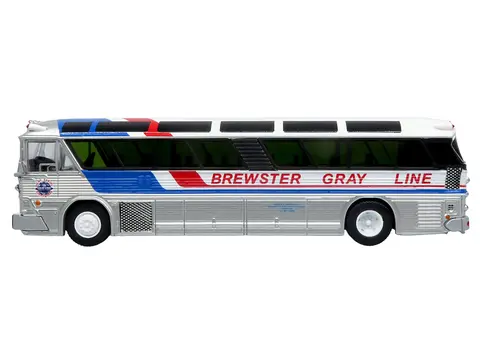 1964 MCI MC-5A COACH BUS "BREWSTER GRAY LINE" SILVER WITH BLUE AND RED STRIPES "VINTAGE BUS & MOTORCOACH COLLECTION" LIMITED EDITION TO 504 PIECES WORLDWIDE 1/87 (HO) DIECAST MODEL BY ICONIC REPLICAS