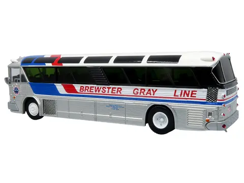 1964 MCI MC-5A COACH BUS "BREWSTER GRAY LINE" SILVER WITH BLUE AND RED STRIPES "VINTAGE BUS & MOTORCOACH COLLECTION" LIMITED EDITION TO 504 PIECES WORLDWIDE 1/87 (HO) DIECAST MODEL BY ICONIC REPLICAS