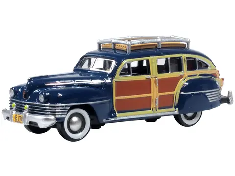 1942 CHRYSLER TOWN & COUNTRY WOODY WAGON SOUTH SEA BLUE WITH WOOD PANELS AND ROOF RACK 1/87 (HO) SCALE DIECAST MODEL CAR BY OXFORD DIECAST
