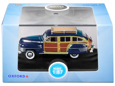 1942 CHRYSLER TOWN & COUNTRY WOODY WAGON SOUTH SEA BLUE WITH WOOD PANELS AND ROOF RACK 1/87 (HO) SCALE DIECAST MODEL CAR BY OXFORD DIECAST