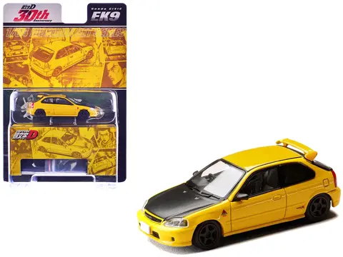 HONDA CIVIC (EK9) RHD (RIGHT HAND DRIVE) YELLOW WITH CARBON HOOD "INITIAL D" (1995-2013) MANGA "DIORAMA SET SERIES" 1/64 DIECAST MODEL CAR BY HOBBY JAPAN