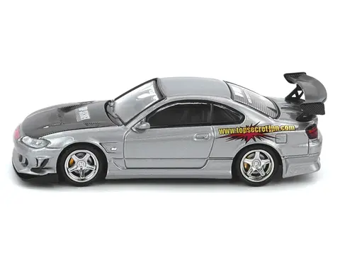 NISSAN "TOP SECRET" SILVIA (S15) RHD (RIGHT HAND DRIVE) SILVER METALLIC WITH CARBON HOOD 1/64 DIECAST MODEL CAR BY INNO MODELS