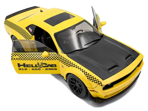 2023 DODGE CHALLENGER SRT HELLCAT REDEYE WIDEBODY TAXI "NYC HELLCAB" YELLOW WITH BLACK HOOD AND GRAPHICS 1/18 DIECAST MODEL CAR BY SOLIDO