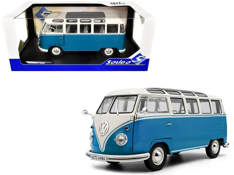 1962 VOLKSWAGEN T1 SAMBA BUS BABY BLUE AND WHITE 1/18 DIECAST MODEL CAR BY SOLIDO