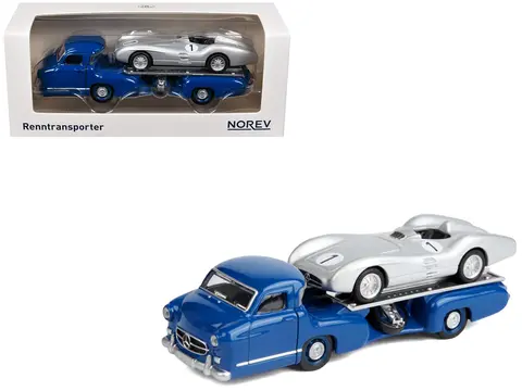 MERCEDES-BENZ RENNTRANSPORTER FLATBED TRUCK BLUE AND 1954 MERCEDES-BENZ W196 #1 SILVER METALLIC 1/64 DIECAST MODEL CAR BY NOREV