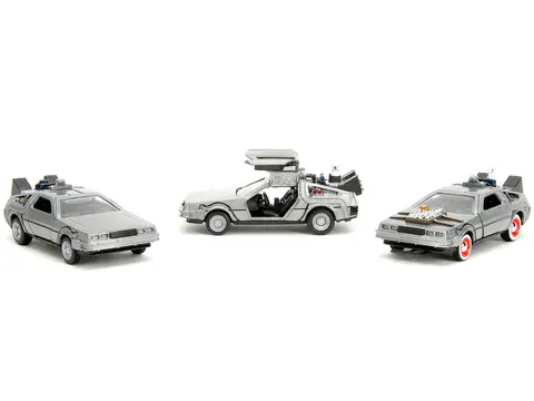 "BACK TO THE FUTURE" DELOREAN SET OF 3 PIECES "HOLLYWOOD RIDES" SERIES 1/32 DIECAST MODEL CAR BY JADA