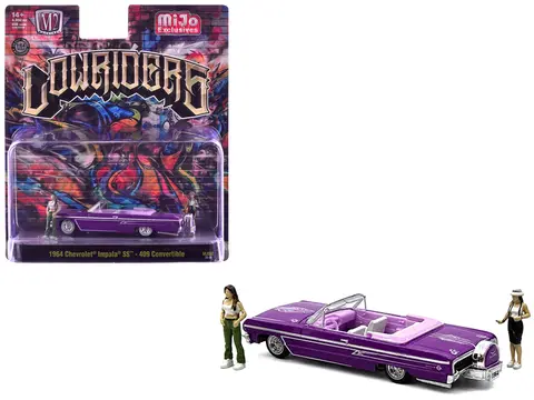 1964 CHEVROLET IMPALA SS 409 CONVERTIBLE PURPLE METALLIC WITH PURPLE AND WHITE INTERIOR WITH 2 FIGURES LIMITED EDITION TO 4950 PIECES WORLDWIDE 1/64 DIECAST MODELS BY M2 MACHINES