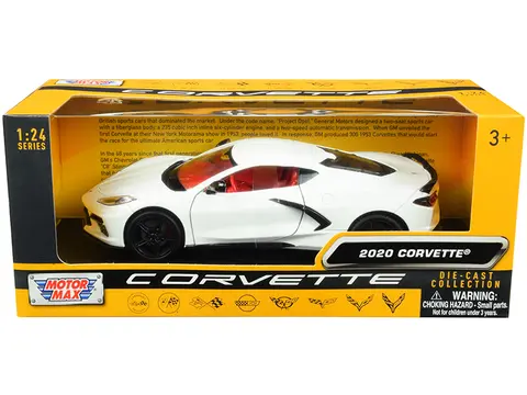 2020 CHEVROLET CORVETTE C8 STINGRAY WHITE WITH RED INTERIOR "HISTORY OF CORVETTE" SERIES 1/24 DIECAST MODEL CAR BY MOTORMAX
