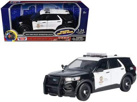 2022 FORD POLICE INTERCEPTOR UTILITY BLACK AND WHITE "LOS ANGELES POLICE DEPARTMENT (LAPD)" WITH FLASHING LIGHT BAR AND FRONT AND REAR LIGHTS AND SOUNDS 1/24 DIECAST MODEL CAR BY MOTORMAX