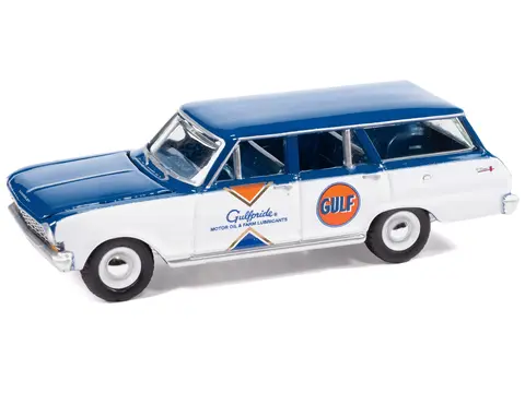 1963 CHEVROLET II NOVA 400 WAGON "GULF" BLUE AND WHITE WITH BLUE INTERIOR "BIG COUNTRY COLLECTIBLES" 2025 SERIES 1/64 DIECAST MODEL CAR BY AUTO WORLD