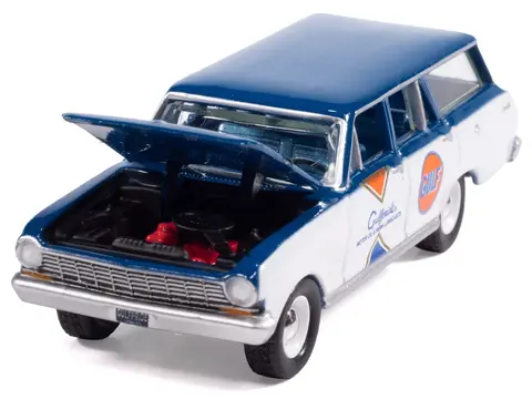 1963 CHEVROLET II NOVA 400 WAGON "GULF" BLUE AND WHITE WITH BLUE INTERIOR "BIG COUNTRY COLLECTIBLES" 2025 SERIES 1/64 DIECAST MODEL CAR BY AUTO WORLD