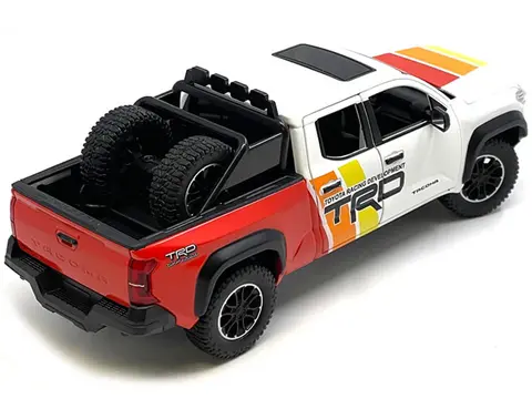 2024 TOYOTA TACOMA TRD OFF ROAD EDITION PICKUP TRUCK WHITE AND RED WITH TRD STRIPES WITH SUNROOF AND WHEEL RACK LIMITED EDITION TO 2400 PIECES WORLDWIDE 1/24 DIECAST MODEL CAR