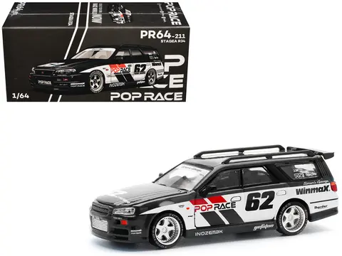 GT-R STAGEA RHD (RIGHT HAND DRIVE) #62 "SIMON'S GARAGE" BLACK WITH WHITE SIDES 1/64 DIECAST MODEL CAR BY POP RACE