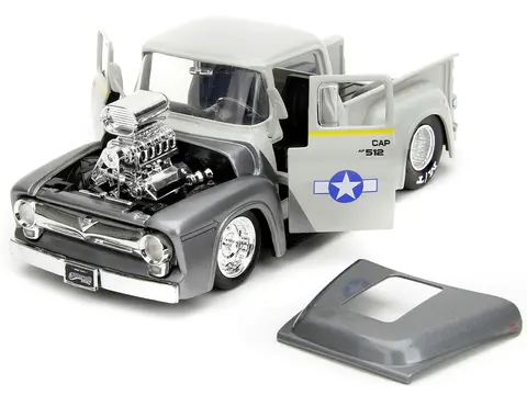 1956 FORD F-100 PICKUP TRUCK TAN AND GRAY METALLIC AND GUILE DIECAST FIGURE "STREET FIGHTER" VIDEO GAME "ANIME HOLLYWOOD RIDES" SERIES 1/24 DIECAST MODEL CAR BY JADA