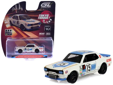 1972 NISSAN SKYLINE 2000 GT-R (KPGC10) RHD (RIGHT HAND DRIVE) #15 KUNIMITSU TAKAHASHI "50TH VICTORY" WHITE WITH BLUE STRIPE "TOKYO TORQUE" SERIES 10 1/64 DIECAST MODEL CAR BY GREENLIGHT